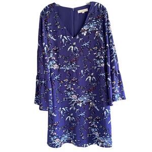 LOFT Purple Floral Dress Size 10 Tiered Bell Sleeves V-Neck Zip Back Cocktail